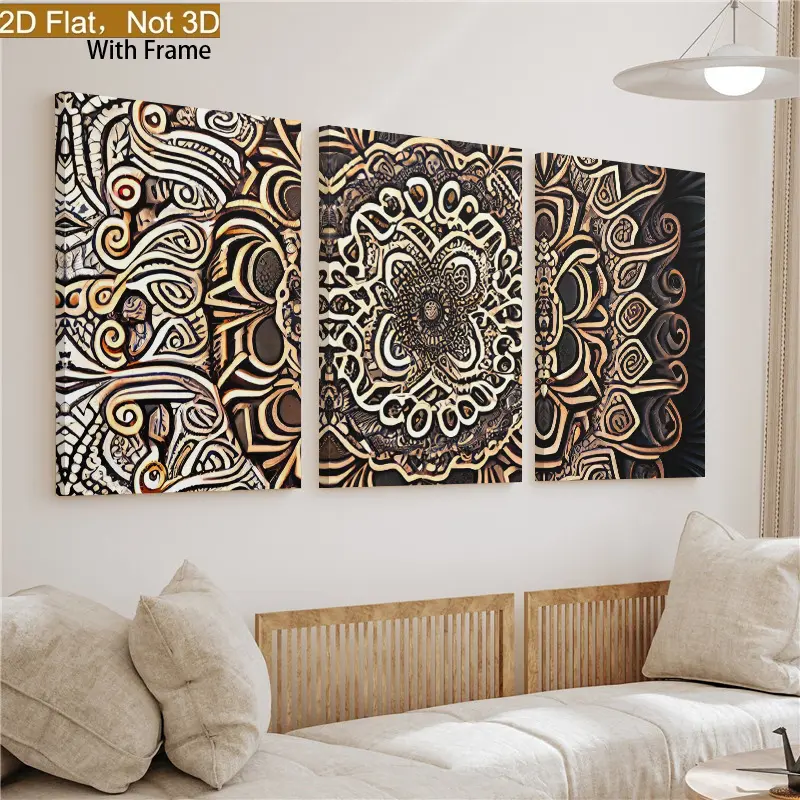 2D flat composition, 3-piece set of vertical mechanical mandala wall art, suitable for the living room, industrial gear framed canvas painting with hook installation, a modern abstract decoration for the entryway, study, and bedroom--multi-room hanging wa