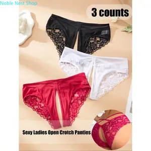 Lace Crotchless Panties for Women, Solid Color Soft Breathable Comfy Sexy Daily Wear Underwear