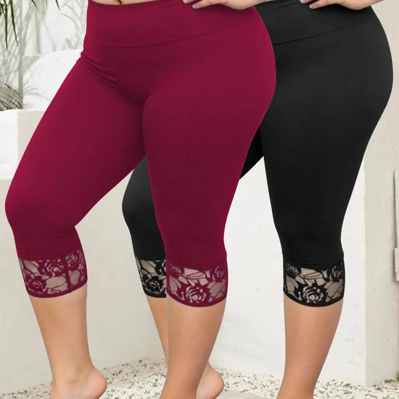 Two-Piece Plus Size Women's High-Waisted Lace Hem Seven-Quarter Leggings, Stretchy Non-Sheer Yoga Pants Set, Comfortable Sportswear, High Rise Leggings, High Waist Activewear