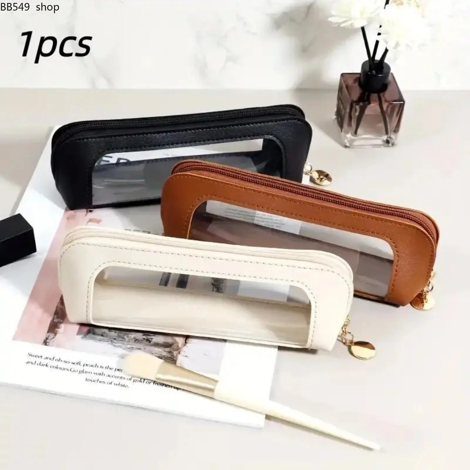 Portable Cosmetic Storage Makeup Bag – Travel Makeup Organizer with Brush Holder, Transparent Window, Zipper Closure, Elegant Compact Lipstick Pouch & Wallet-Size Beauty Storage Case