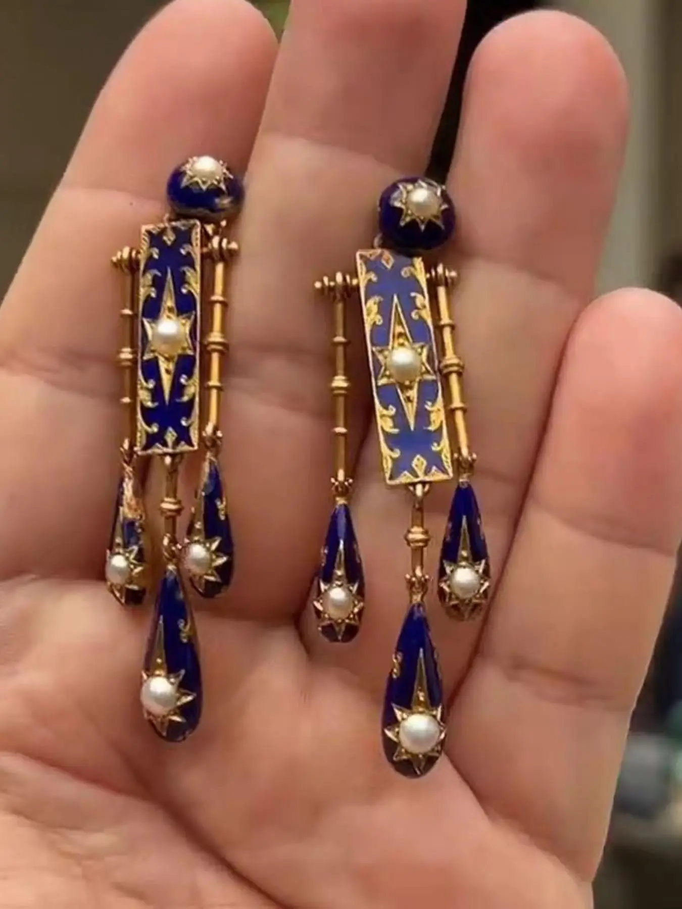 Vintage Blue Enamel Starburst Artificial Pearl Teardrop Fringe Long High Quality Earrings, Elegant Courtly Medieval Style Party Jewelry Gift for Women