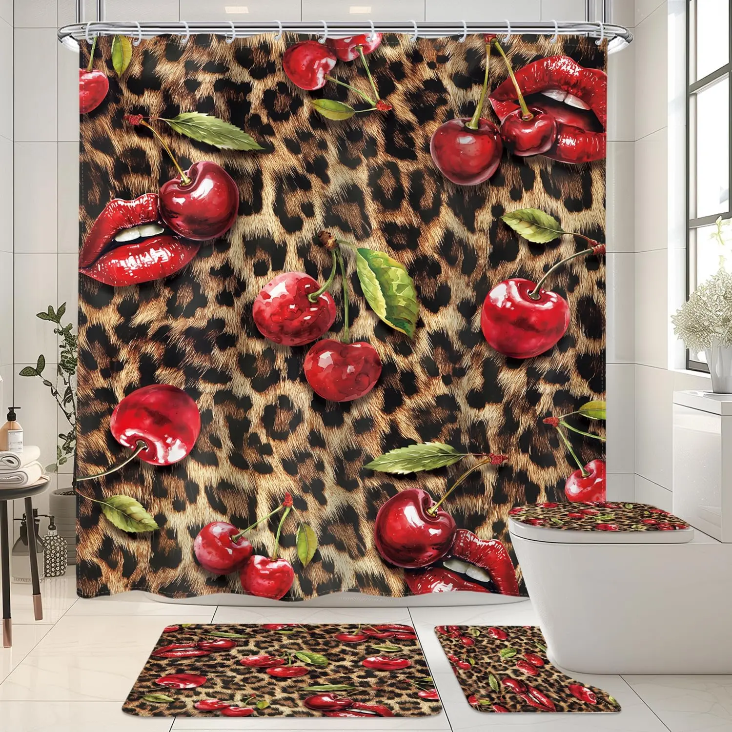 4 PCS Leopard Print Cherry Shower Curtain Set 72Wx72H,Toilet Lid Cover,Non-Slip Rugs and U-Shaped Mat,Cheetah Lips Bathroom Sets with Rugs Shower Accessories 12 Hooks for Bathroom Decor