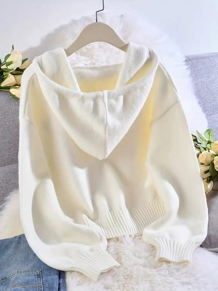 Women's V-Neck Drawstring Hoodie, Loose Fit Soft Knit Pullover, Casual Unique Design Long Sleeve Sweatshirt for Early Autumn