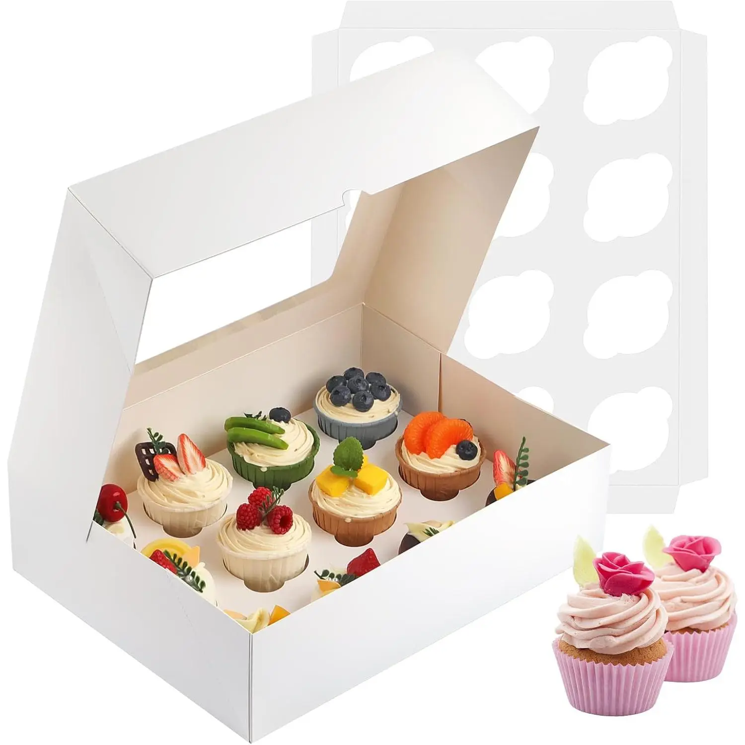 Cupcake Box, Disposable Cupcake Container Bulk, Auto-pop up, 2 count, White | Cupcake Holder Holding 12 Count Cupcakes, Cupcake Carrier with Window, Easy To Assemble, Transport and Store Cupcake, Sturdy
