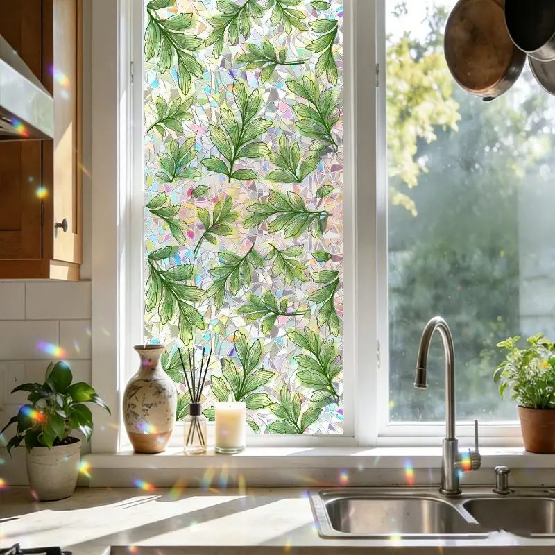 Stained Glass Window Film Green Leaf Mosaic Static Cling Privacy Window Stickers No Glue Removable UV Block Decorative Glass Film For Bathroom Bedroom Home Decor