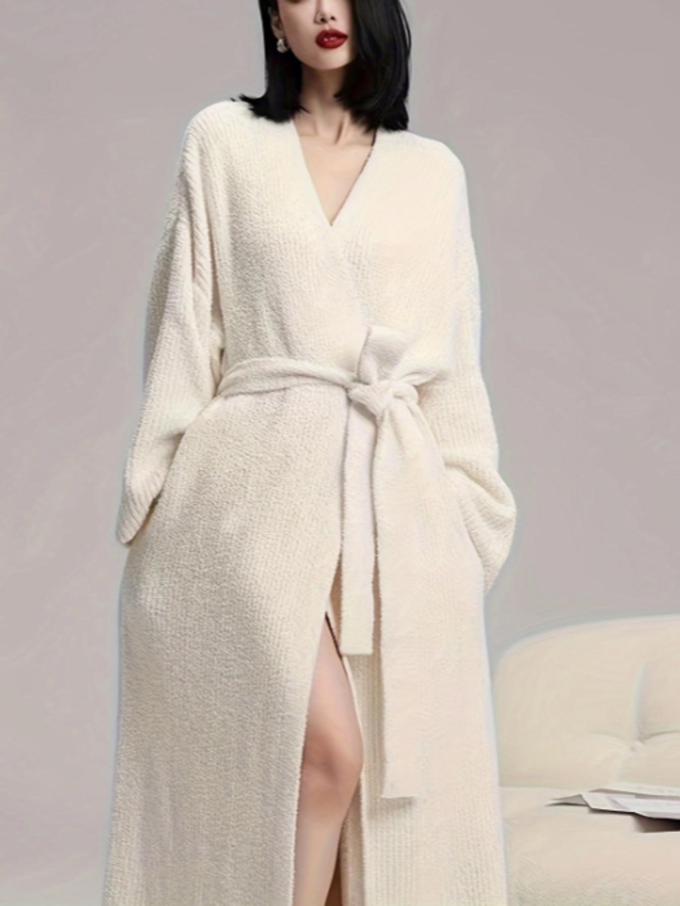 【COZY Soft Plush Feel】Women's Solid Color Thickened  Thermal Lined Long Sleeve Drop Shoulder Bathrobe, Loose Casual Soft Comfortable Thermal Warm Pocket Belted V Neck Dressing Gown for Women, Ladies Sleepwear for Winter
