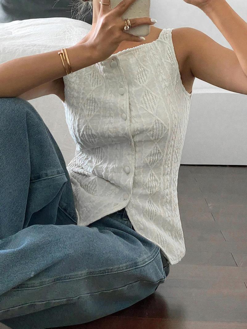 Women's Geometric Pattern Button Front Tank Top, Casual Fitted Sleeveless Top for Daily Wear, Ladies Clothes for All Seasons