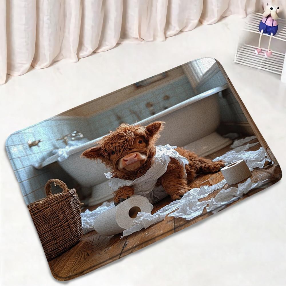 1pc Adorable Highland Cow Bath Mat Cute Calf with Toilet Paper in Cozy Bathroom Setting Plush Flannel Bath Rug for Home Decor Perfect for Various Rooms Home Decor Accent, Room Decor Accessory, Animal Themed Mat, Highland Cow Decor