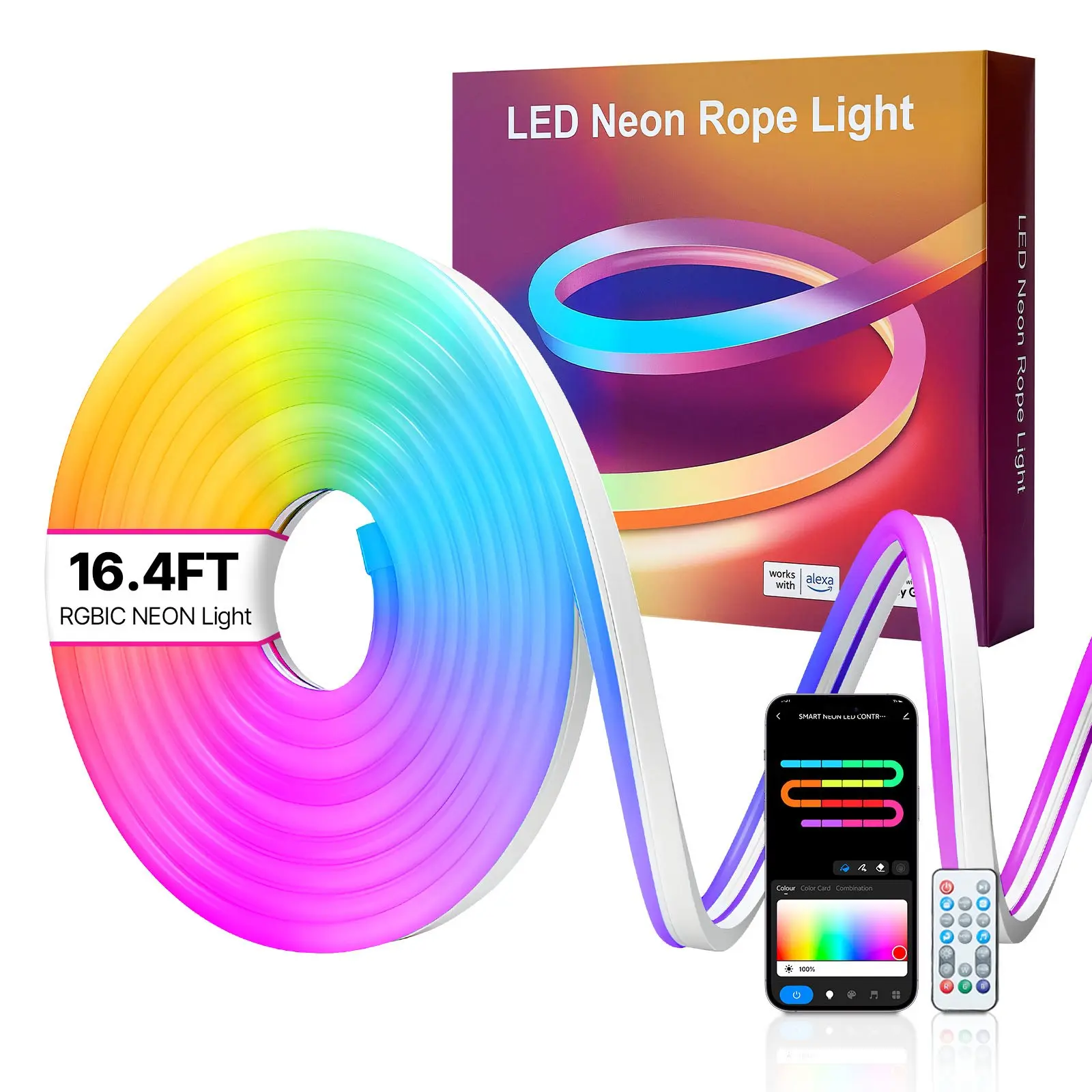 VEVOR LED Neon Rope Light, 16.4 ft, Flexible RGB-IC LED Strip Light, Control with App/Remote, Works with Alexa Google Assistant, Music Syncing, Custom DIY Neon Flex Lights, for Bedroom Gaming Indoor