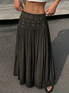 Textured Hotfix Rhinestones Hollow-out High-waisted Long Midi Skirt — Boho style trending in 2026, crafted with soft fabric, perfect for vacation and daily wear Versatile Apricot Embroidered Long Skirt — Ideal choice for casual and date outfits, wrinkle-r