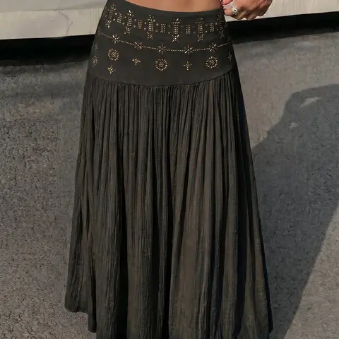 Bohemian Textured Embroidery Hollow- out High- waisted Apricot Long, Boho Casual Skirt, Wrinkle-resistant Soft Fabric for Vacation, Casual, Date and Everyday Wear