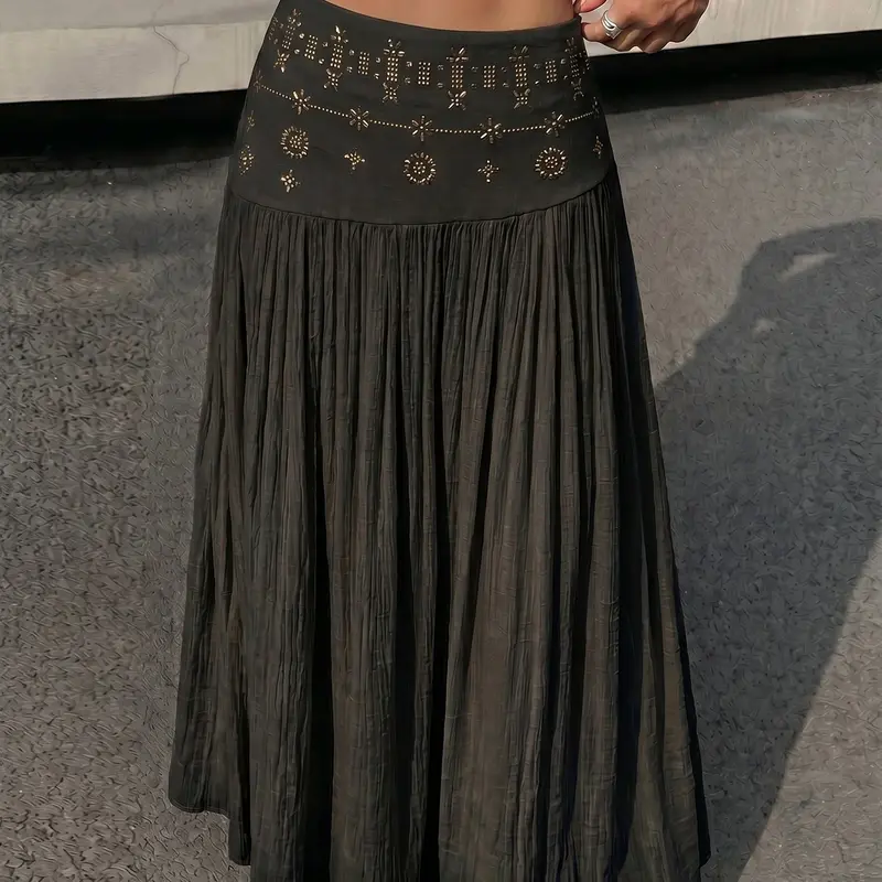 Bohemian Textured Embroidery Hollow- out High- waisted Apricot Long, Boho Casual Skirt, Wrinkle-resistant Soft Fabric for Vacation, Casual, Date and Everyday Wear