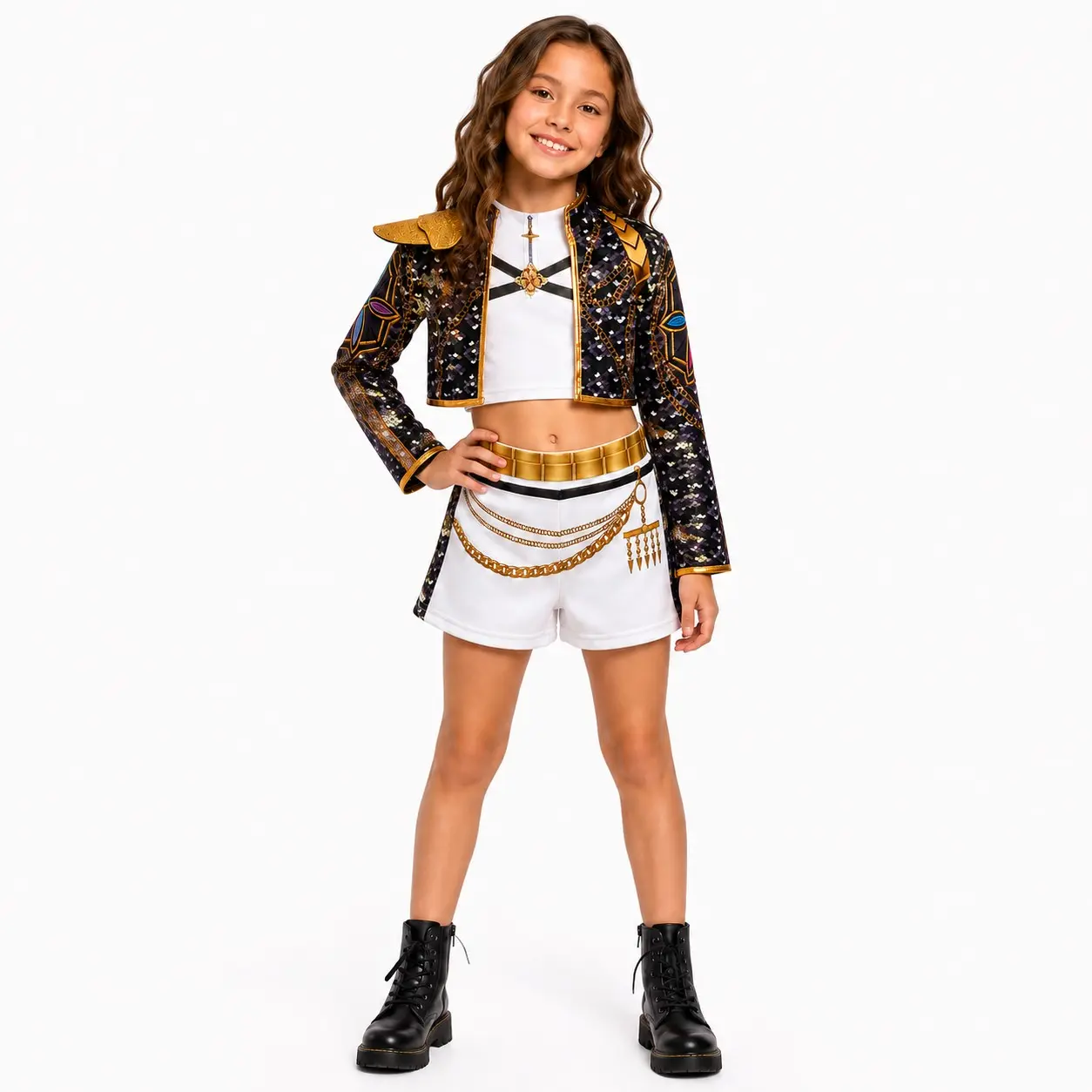 3-Piece Girls Sequin Stage Performance Outfit, Costumes, Black-Purple Cropped Jacket with Gold Trim, White Sleeveless Top & Shorts for Dance Shows, School Performances, Birthday Parties & Dress-Up