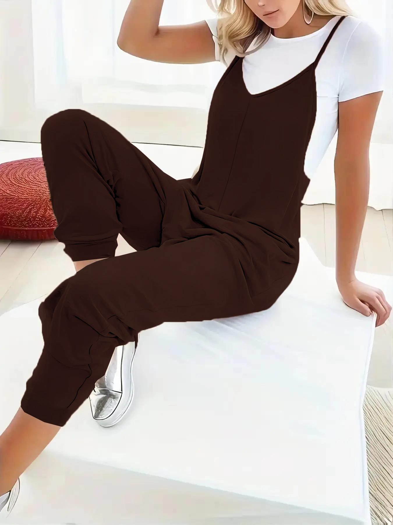 Women's Plain Pocket V Neck Overalls Jumpsuit without Tee, Casual Sleeveless Spaghetti Strap Cami Overalls Jumpsuit for Daily Wear, Ladies Clothes for All Seasons, Womenswear