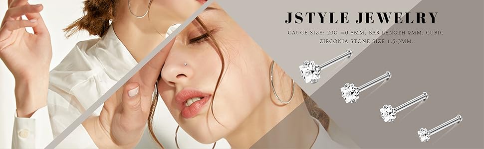 Jstyle 8Pcs/Set Hypoallergenic Nose Rings 18G 20G Surgical Stainless Steel Nose Rings Studs Cubic Zirconia Nose Ring Labret Nose Piercing Jewelry for Women Men 1.5mm 2mm 2.5mm 3mm