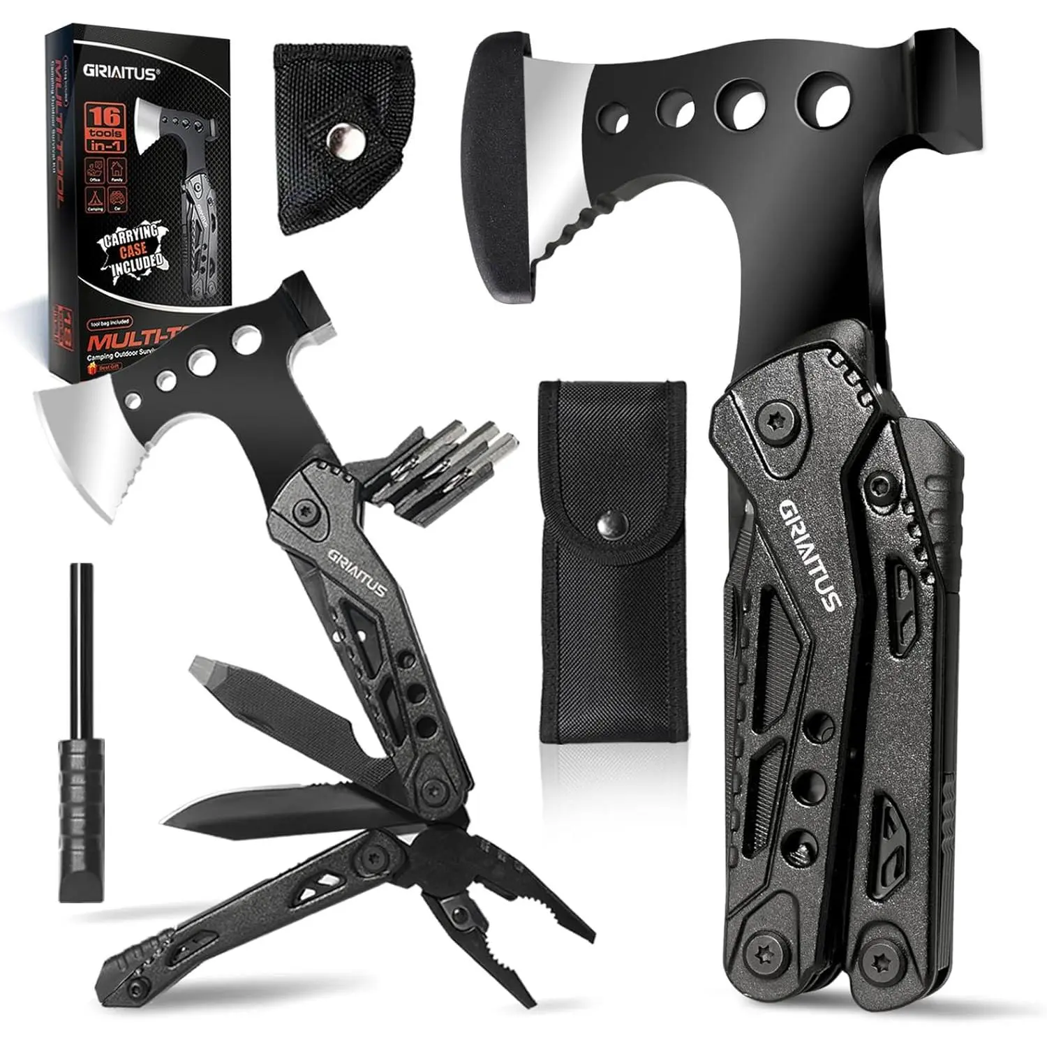 16 in 1 Gear for Camping & Hiking, Multi Tool with Axe,, Pliers, Saw, Screwdrivers & Whistle, Camping Accessories and Gifts for Men Dad Husband