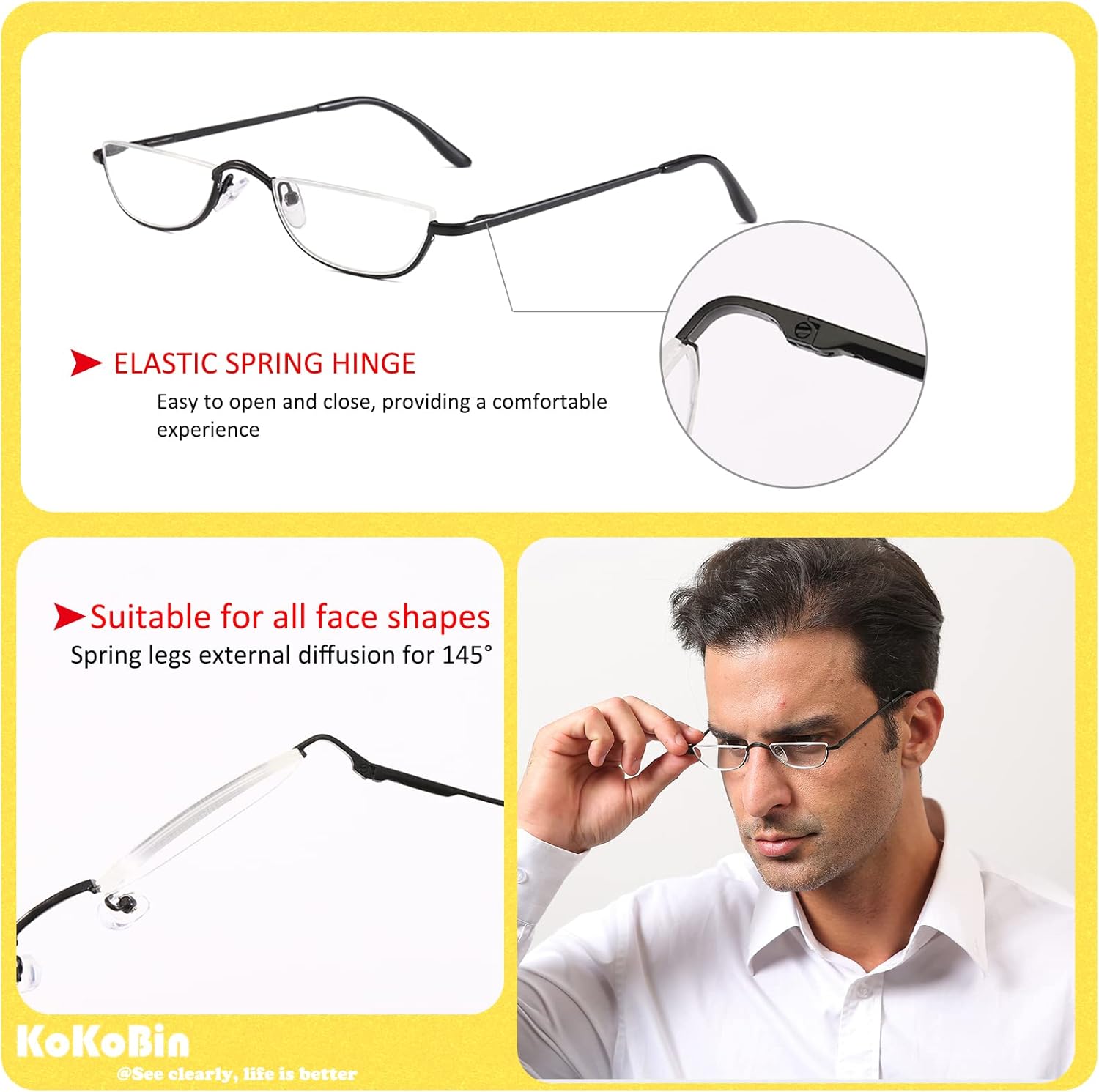 Half Reading Glasses - 2 Pairs Half Rim Metal Frame Glasses Spring Hinge Readers for Men and Women