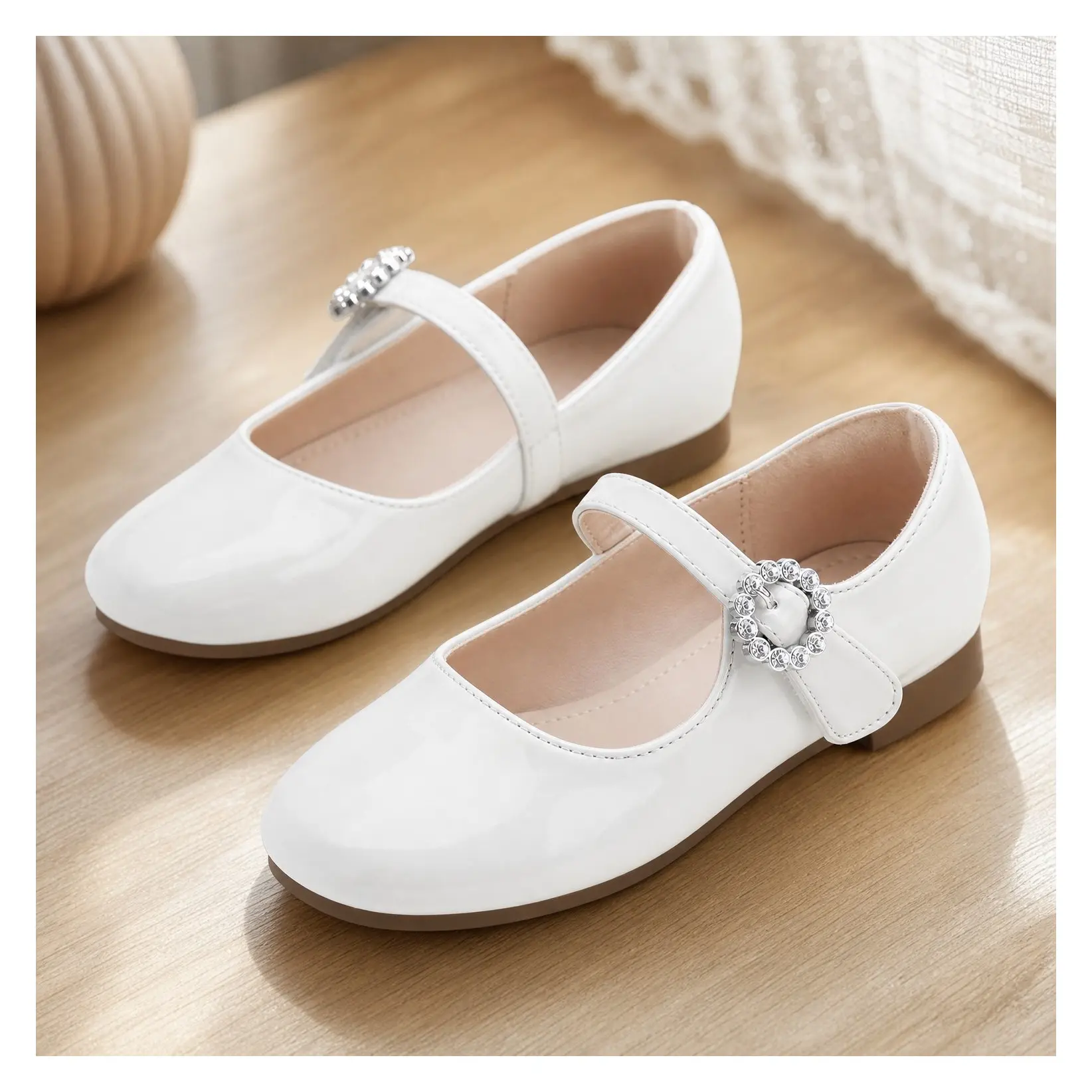 Girls Rhinestone Buckle Mary Jane Dress Shoes with Sparkle Detail, Hook-and-Loop Closure, Cushioned Comfort, Flexible Sole for School Wedding Party Flower Girl, Low Heel FlatsGift