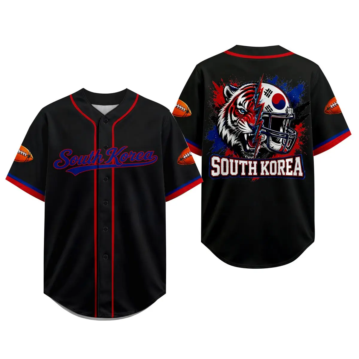 South Korea Baseball Jersey for Men Women, Black Button Down Fan Shirt with Tiger Helmet Graphic, Korean Flag Sports Jersey, Unisex Short Sleeve Baseball Shirt, Game Day Outfit, Streetwear Top for Stadium, Party, Travel, Summer Casual Wear, Fan Gift