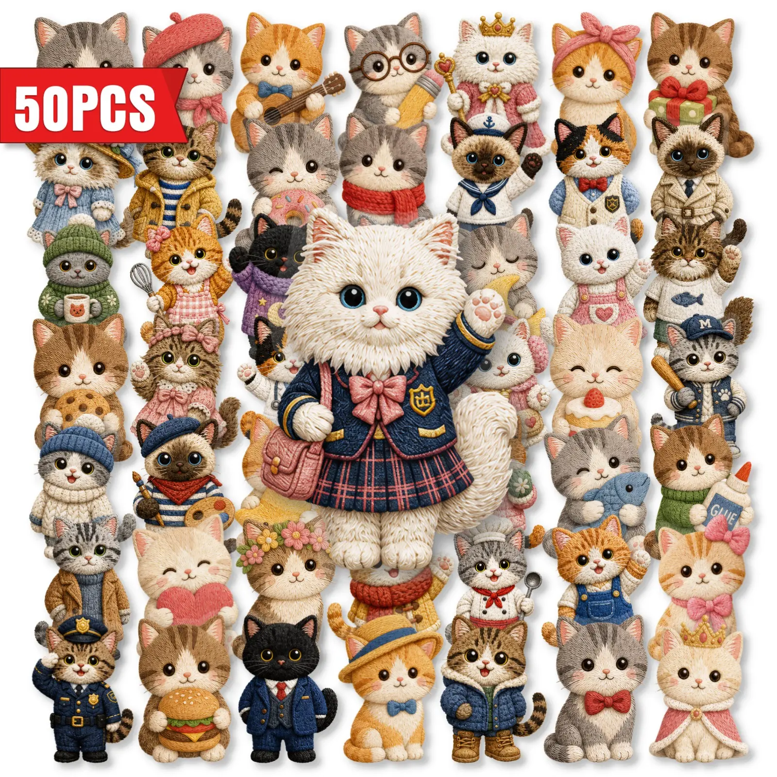 50Pcs Clear PET Transparent Cute Kitten Decorative Stickers, Cartoon Knitted Outfit Cat Decor Decals, for DIY Scrapbook Journal, Planner Accessories, Office Products, Back To School Decor