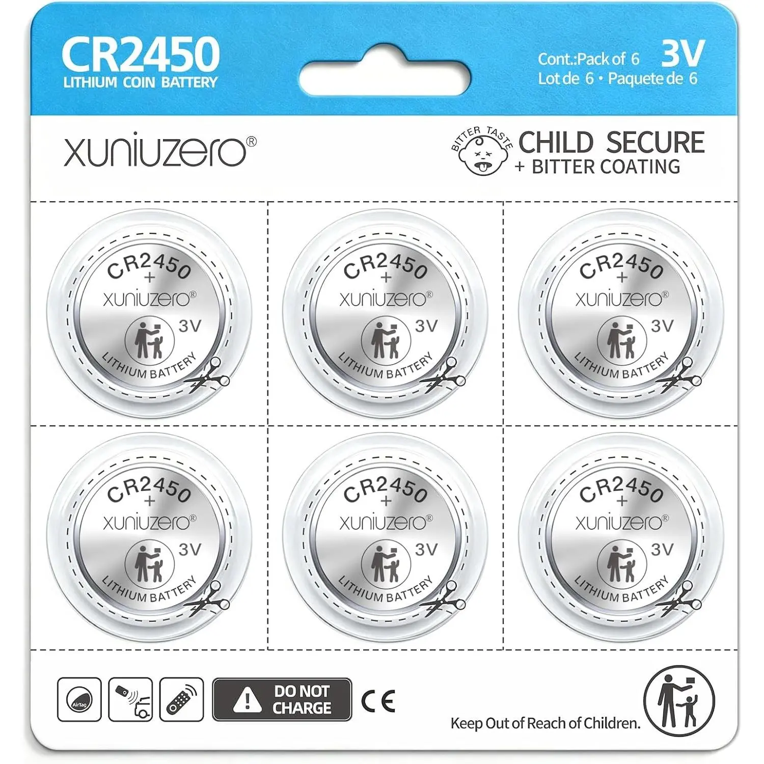 6-Pack CR2450 Coin Cell Battery, 3 Volt, Long Lasting Power, Mercury-Free, Child-Safe Package, for Key Fob,Door Sensor, Security System and More