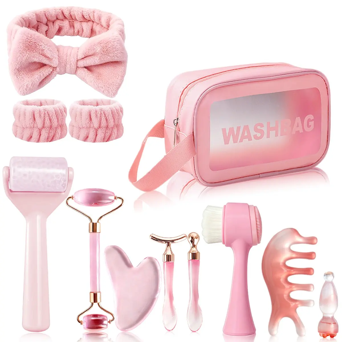 12pcs Facial Care Tool Set, Acrylic Material, Includes Massage Roller, Ice Rollers, Cleansing Brush, Scalp Massager, Storage Bag