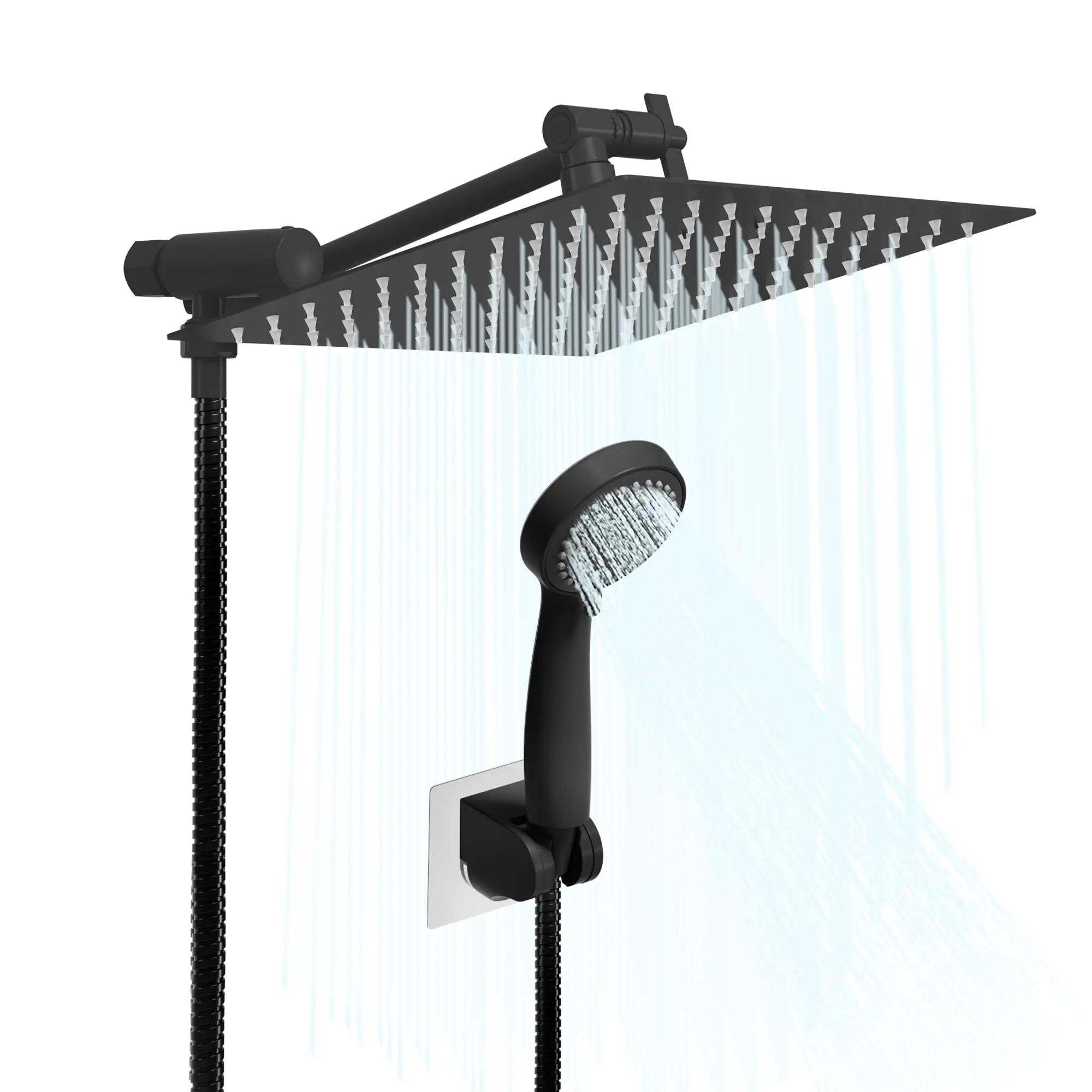 8Inch/10 Inch Matte Black Rainfall Shower Head Set, Shower System with Handheld Sprayer, Extension Arm & Adjustable Overhead Combo for Bathroom