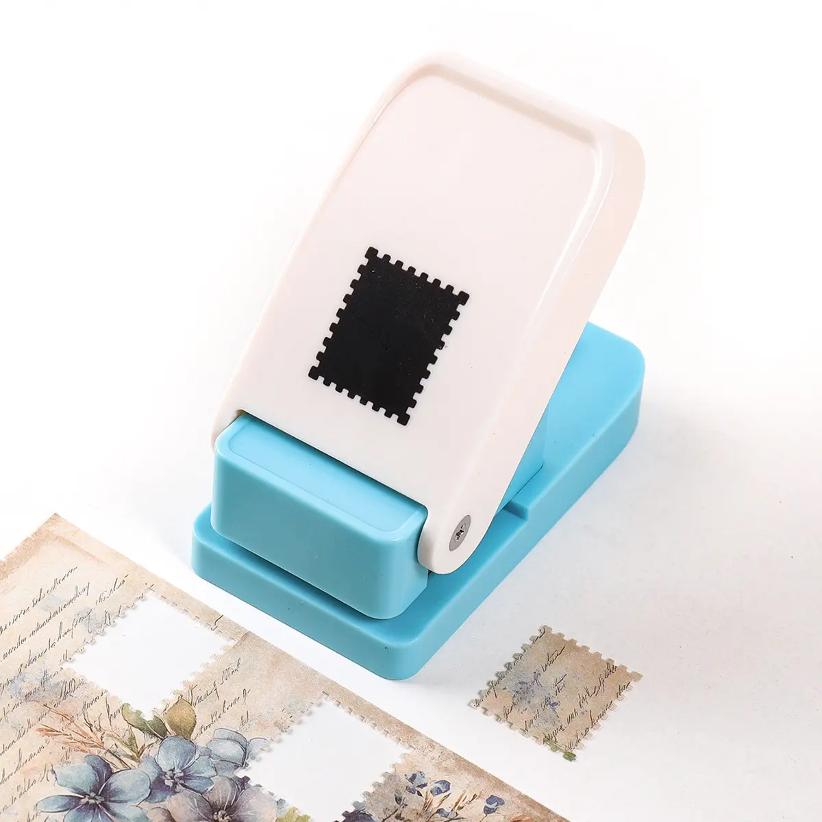 Rectangle Postage Stamp Punch, Lever Action Craft Paper Punch with 2.1 x 2.6 cm Decorative Edge, Handheld Scrapbooking Cutter for Card Making, Journaling, DIY Crafts, Photos, Labels and Creative Paper Projects
