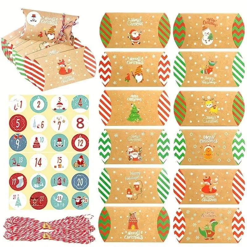 24pcs Christmas Advent Calendar Pillow Boxes, Kraft Paper Gift Packaging, Snowman Santa Christmas Tree Designs, Includes Stickers & Twine