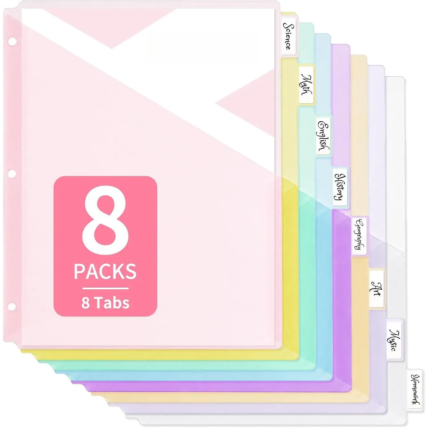 8-Tab Plastic Binder Dividers, Transparent Pastel Colors, Write & Erase Large Tabs for 3 Ring Binder, Durable Plastic Dividers for School, Office &  Organizers