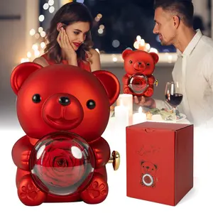 Preserved Bear Jewelry Gift Box, Eternal Rose Bear with Rotating Music Base, Keepsake Birthday Mother Day Present for Mom Wife