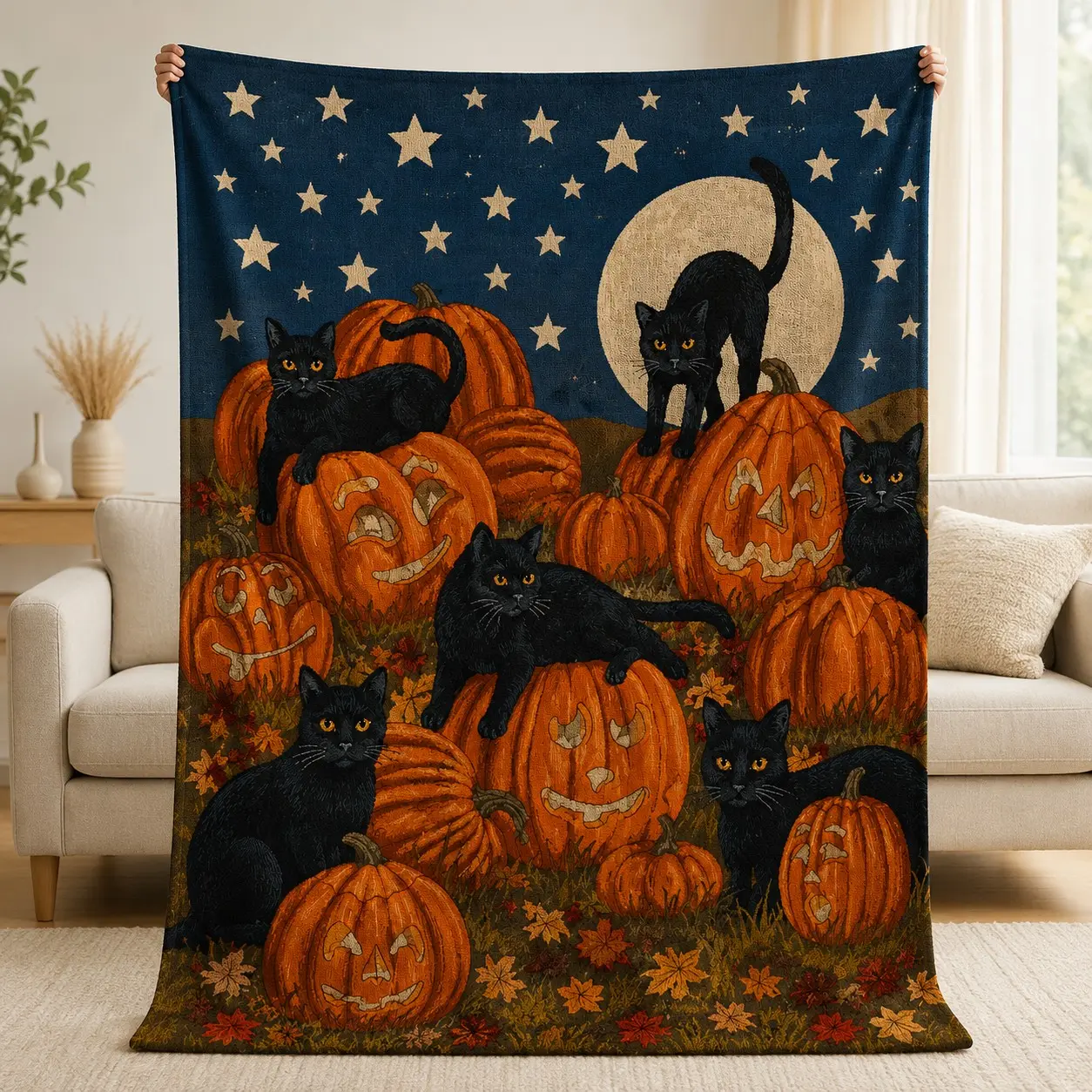 Halloween Cat Pumpkin Flannel Blanket, Vintage Moonlit Jack O’ Lantern Throw, Ultra Soft Lightweight Blanket for Couch, Bed, Fall Decor & Cat Lover Gift