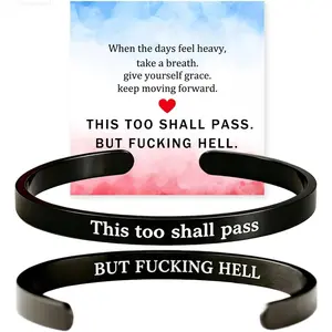 1pcs This Too Shall Pass Mantra Cuff Bracelet For Women But Fucking Hell Engraved Stainless Steel Bangle Hidden Message Encouragement Jewelry With Meaningful Blessing Card Inspirational Gifts Mental Health