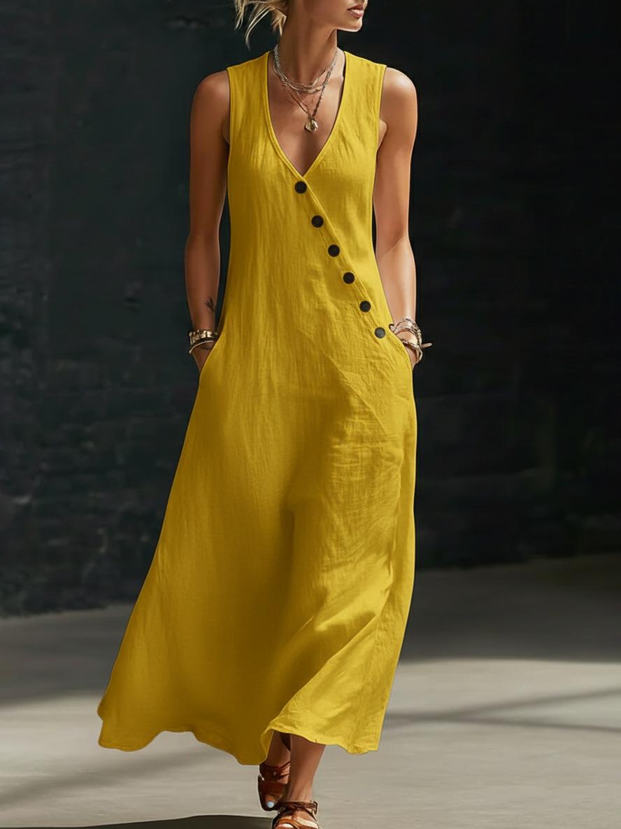 Boho Linen Maxi Dress - Perfect for Beach, Vacation & Brunch! Sleeveless V-Neck Button Detail Casual Dress with Pockets # SleevelessDress # CasualDress # SummerDress # BohoFashion # VNeckDress # DressesForWomen # Outfit of the Day