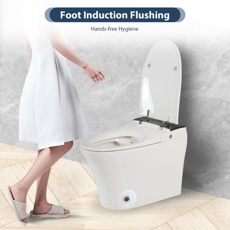 Heated Seat Smart Toilet with Foot Sensor Flush, Blue Night Light, Soft Close Cover, White Modern Bathroom Essential