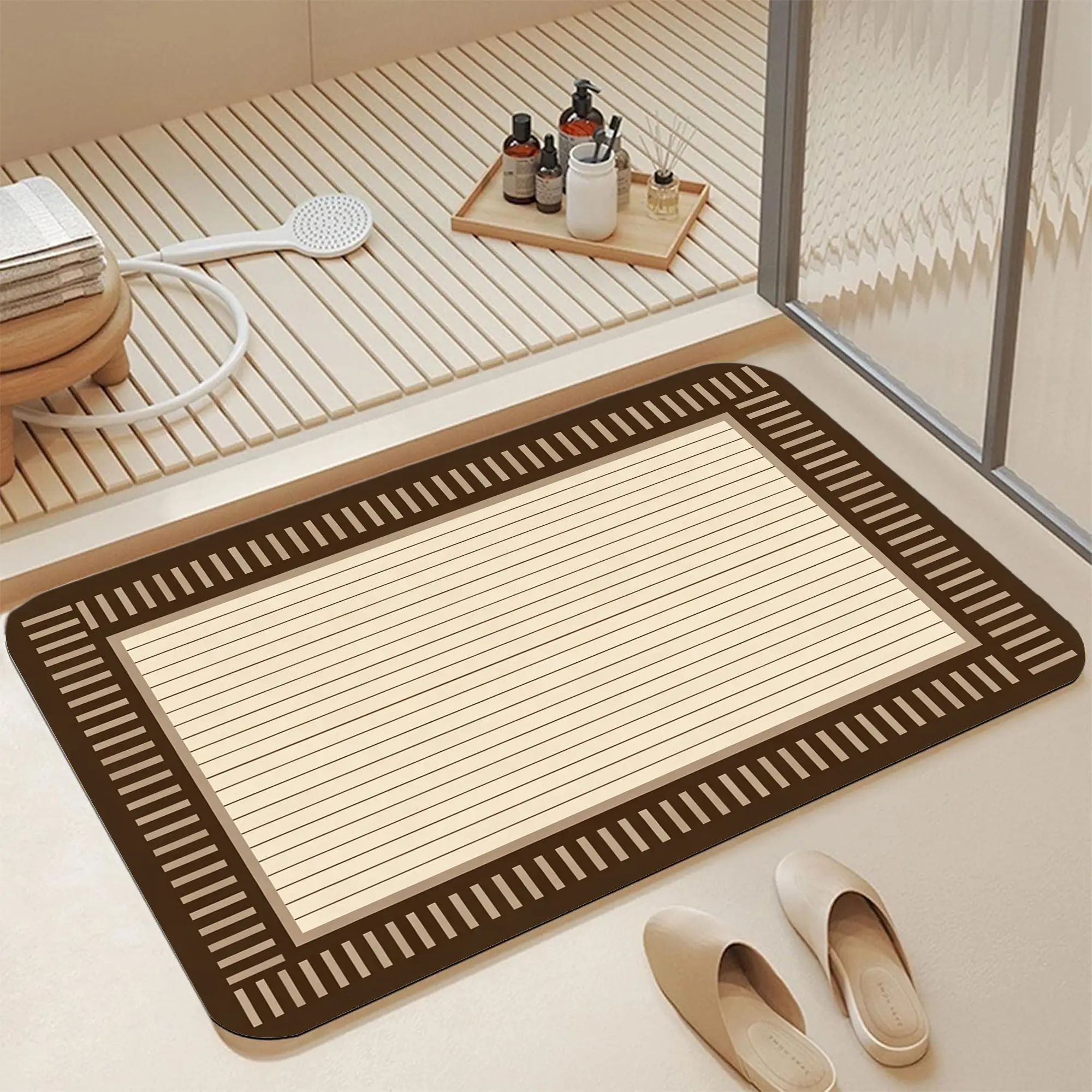 16*24 Inch Neutral Brown Greek Key Border Striped Diatomite Bath Mat, Fast Water Absorbent Non-Slip Quick Dry Bathroom Rug, Warm Tiered Frame Minimal Horizontal Inner Linework Design, Stain Resistant Washable Japandi Mid-Century Modern Farmhouse Shower