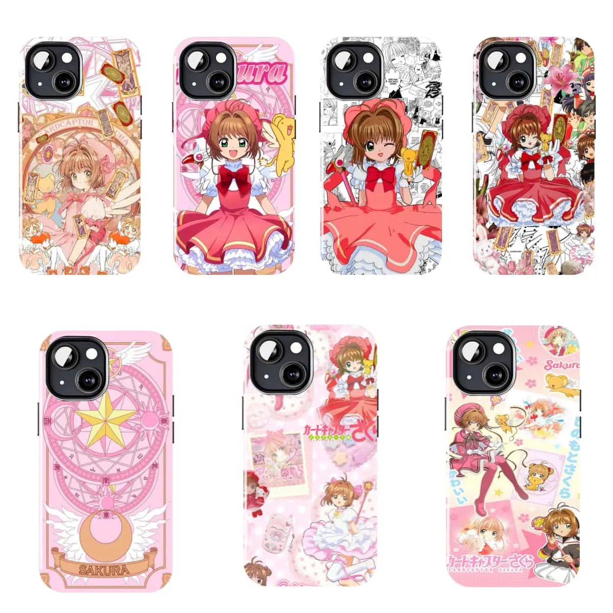 Cardcaptor Sakura anime phone case, cute pink cartoon cherry blossom style shockproof phone case, compatible with iPhone 11–17 Pro Max/Plus series and Samsung Galaxy S23–S25 series.