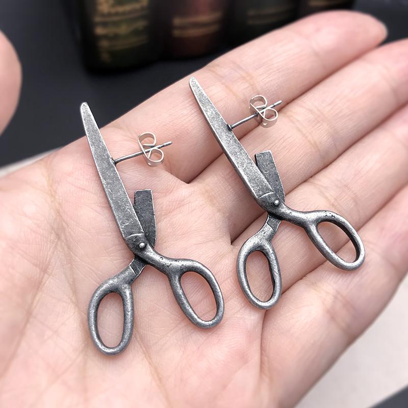 2pcs Dark Gothic Vintage Imitation Scissors Exaggerate Stud Earrings For Men Women Goth Punk Silver Color Halloween Fashion Jewelry