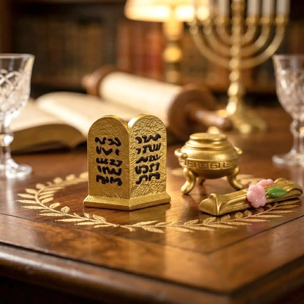 Golden Tablets of the Ten Commandments - Decorative Judaica Piece for Home Decor and Religious Display