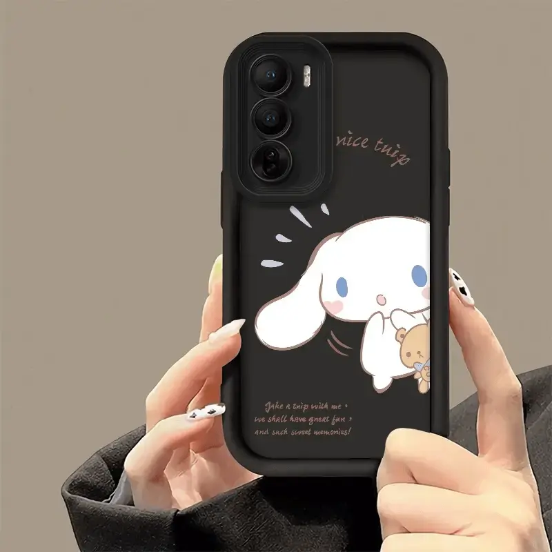Black Cute Cartoon Cinnamoroll Bear Letter Print Phone Case, Matte High Bumper TPU Shockproof Full Wrap Lens Cover for iPhone 1112 13 14 Plus 15 16 17E Pro Max Samsung S21-S26 A13-A54
