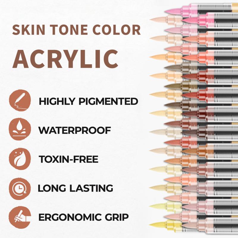 Skin Tones Art Markers,12/24/36 Color Soft Brush Tip Acrylic Paint Pens, Quick-Drying Waterproof Acrylic Paint Markers for Illustration Sketching, Wood,Glass,Fabric,Rocks Painting, Art Markers Set, Coloring Book Markers