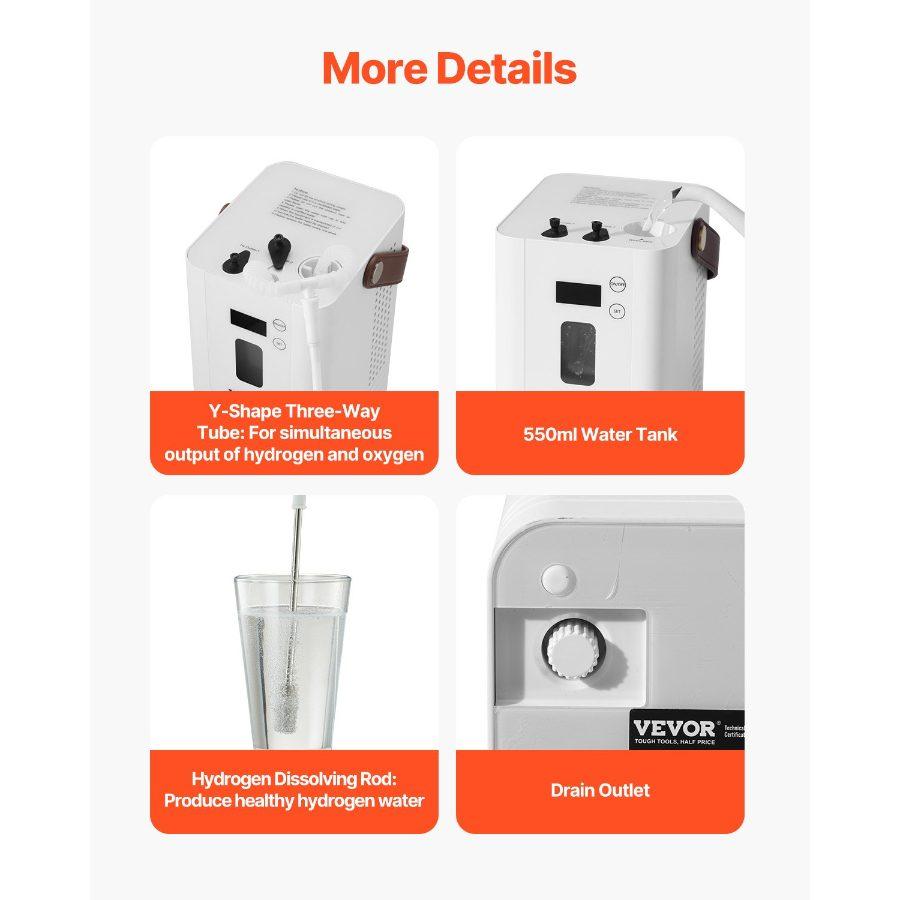 VEVOR Hydrogen Inhalation Machine, 99.99 High Purity Hydrogen Inhaler, HO-Separated 450ml/min (300 H+150 O) Three Ports Hydrogen Oxygen Inhaler, Hydrogen-Rich Water Generator for Home Travel