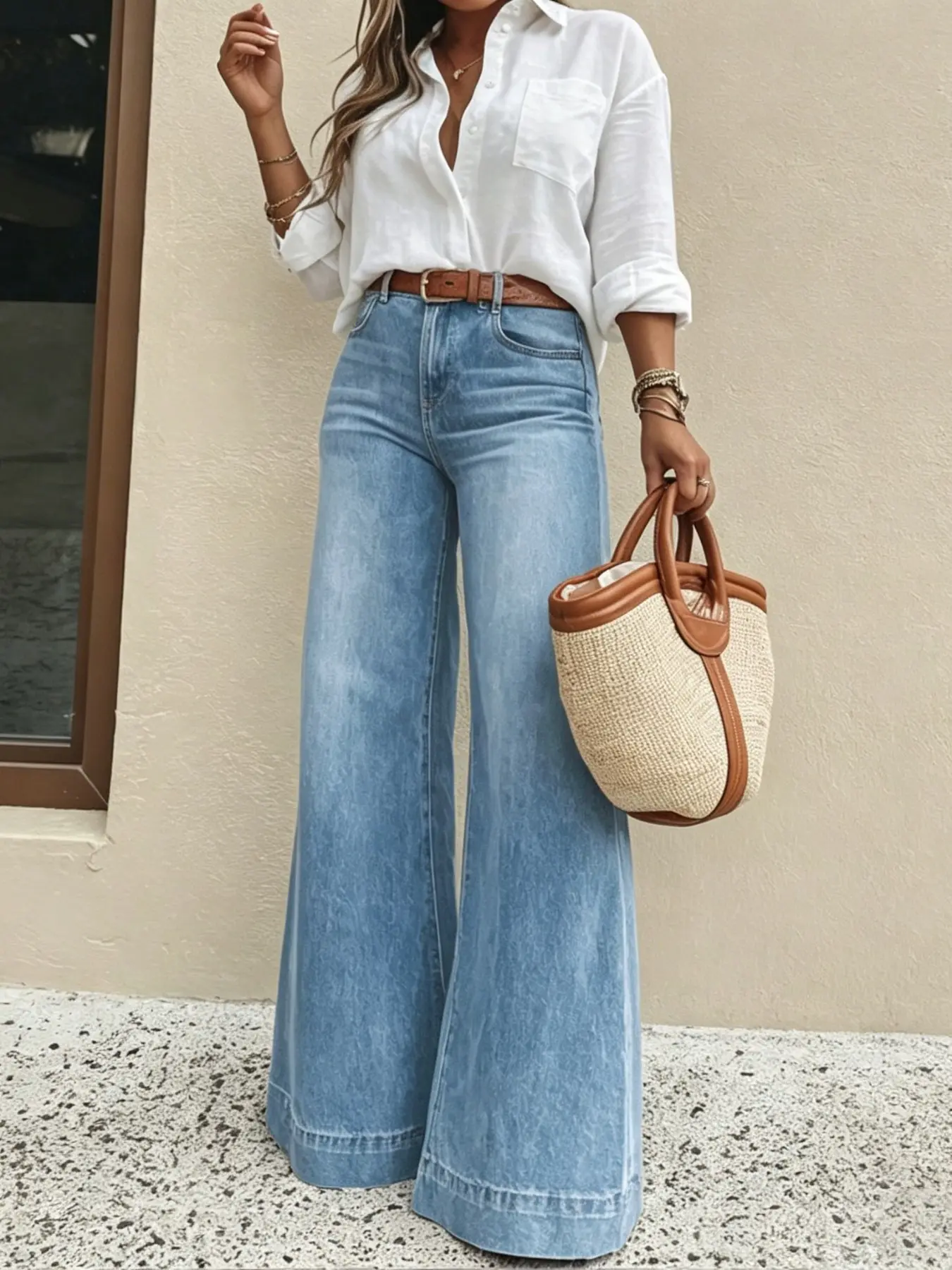 Women's Elastic High-Waist Loose Jeans, Slimming Look, Solid Color, All-Season, Comfortable & Versatile