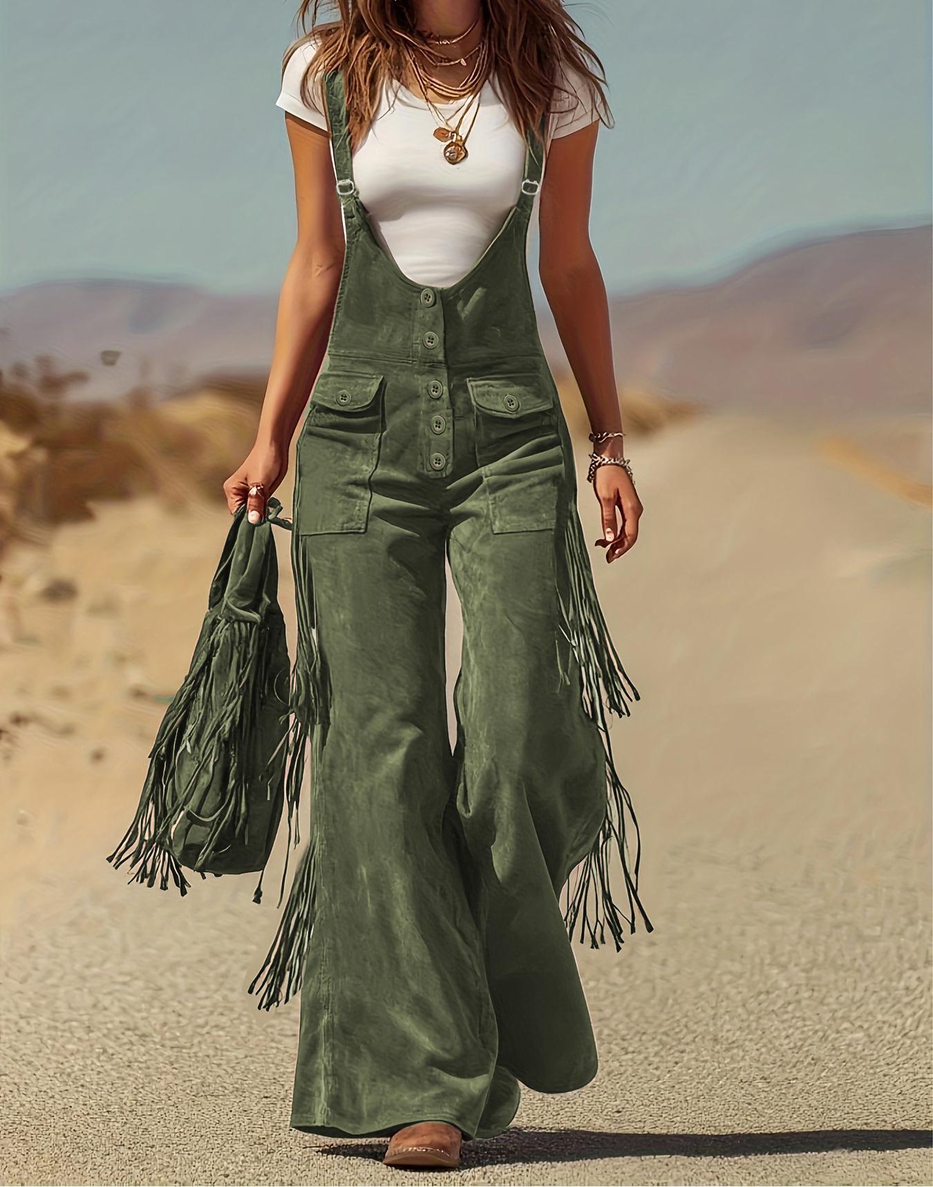 Women's Retro Faux Suede Fringe Wide-Leg Cargo Pants