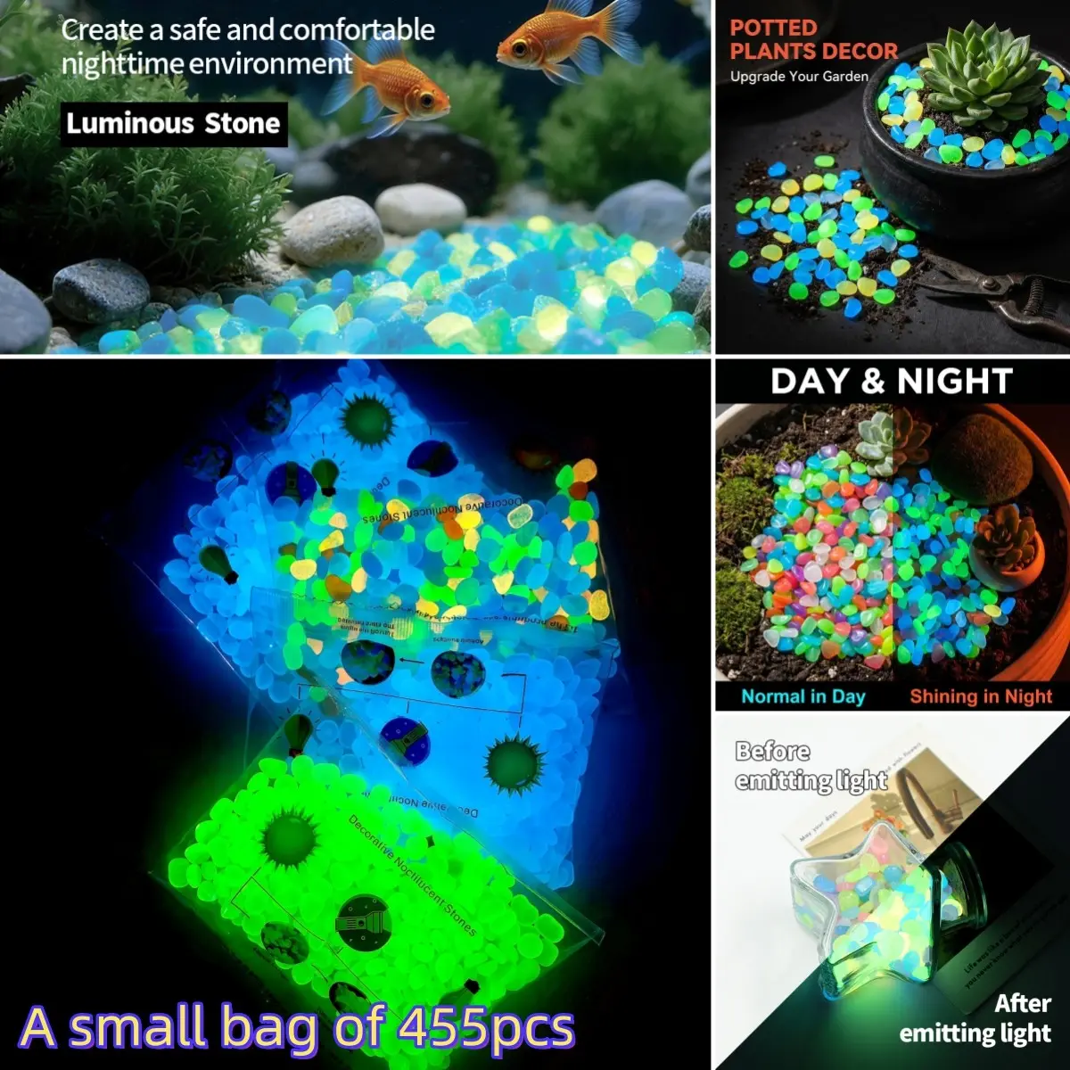 455pcs small bags of resin pebbles, net weight 0.1 pounds, (single diameter 0.197 inches), suitable for aquariums, gardening, home decor, potted plants, and holiday decorations