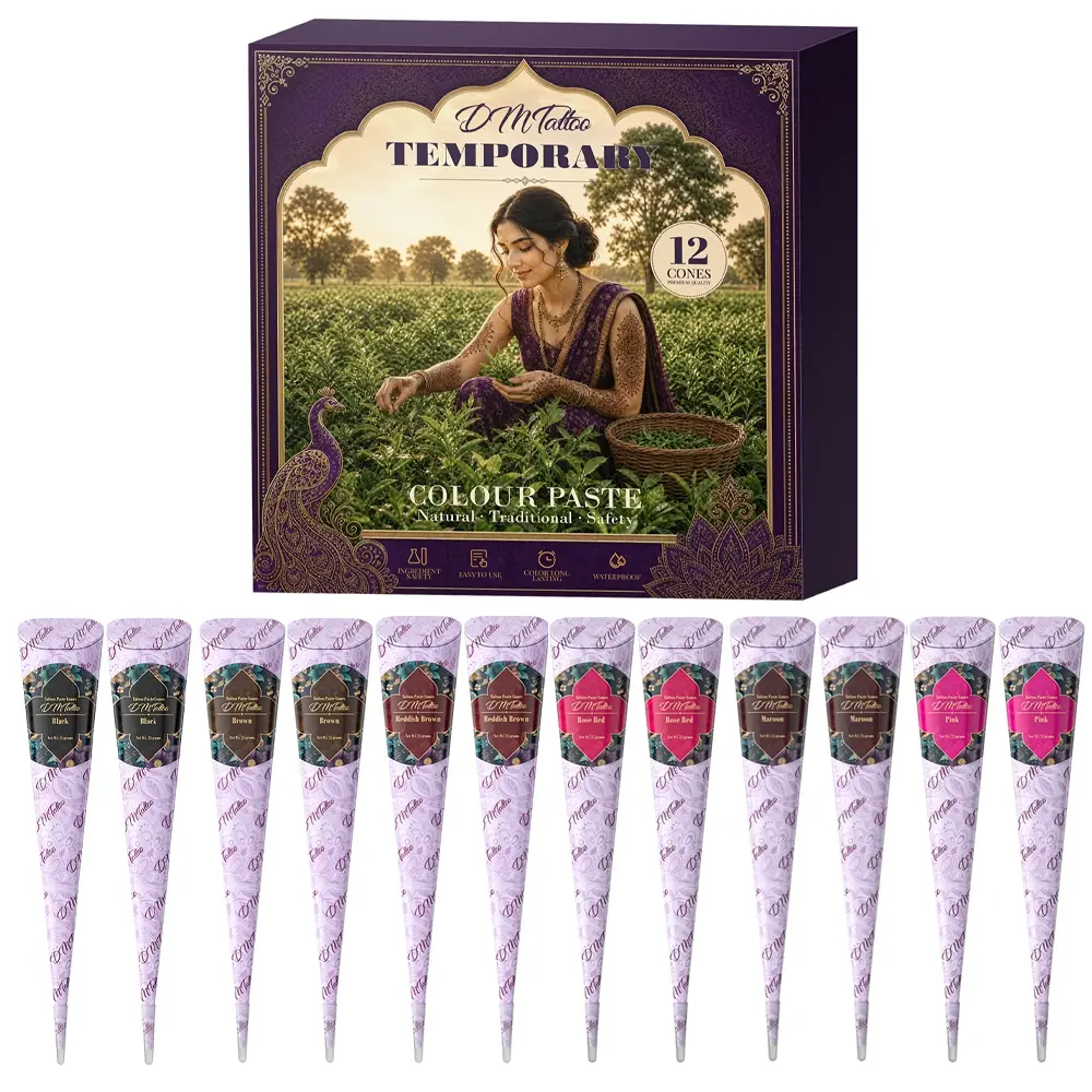 DM 12PCS Natural Plant Henna Tattoo Paste Gift Set, mild ingredients safe for skin. Create custom temporary tattoo patterns, waterproof long-lasting pigment for DIY body art at parties, beaches and music festivals.