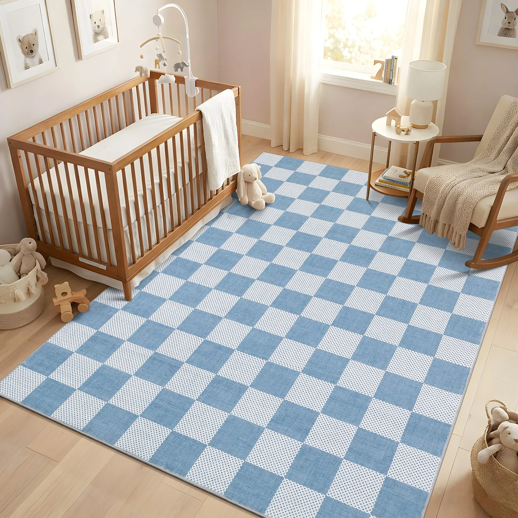 Washable Geometric Checkered Large Living Room Rugs, Indoor Modern Non Slip Area Rug for Bedroom Low Pile Stain Resistant Home Decor Rug for Dining Room Classroom Office