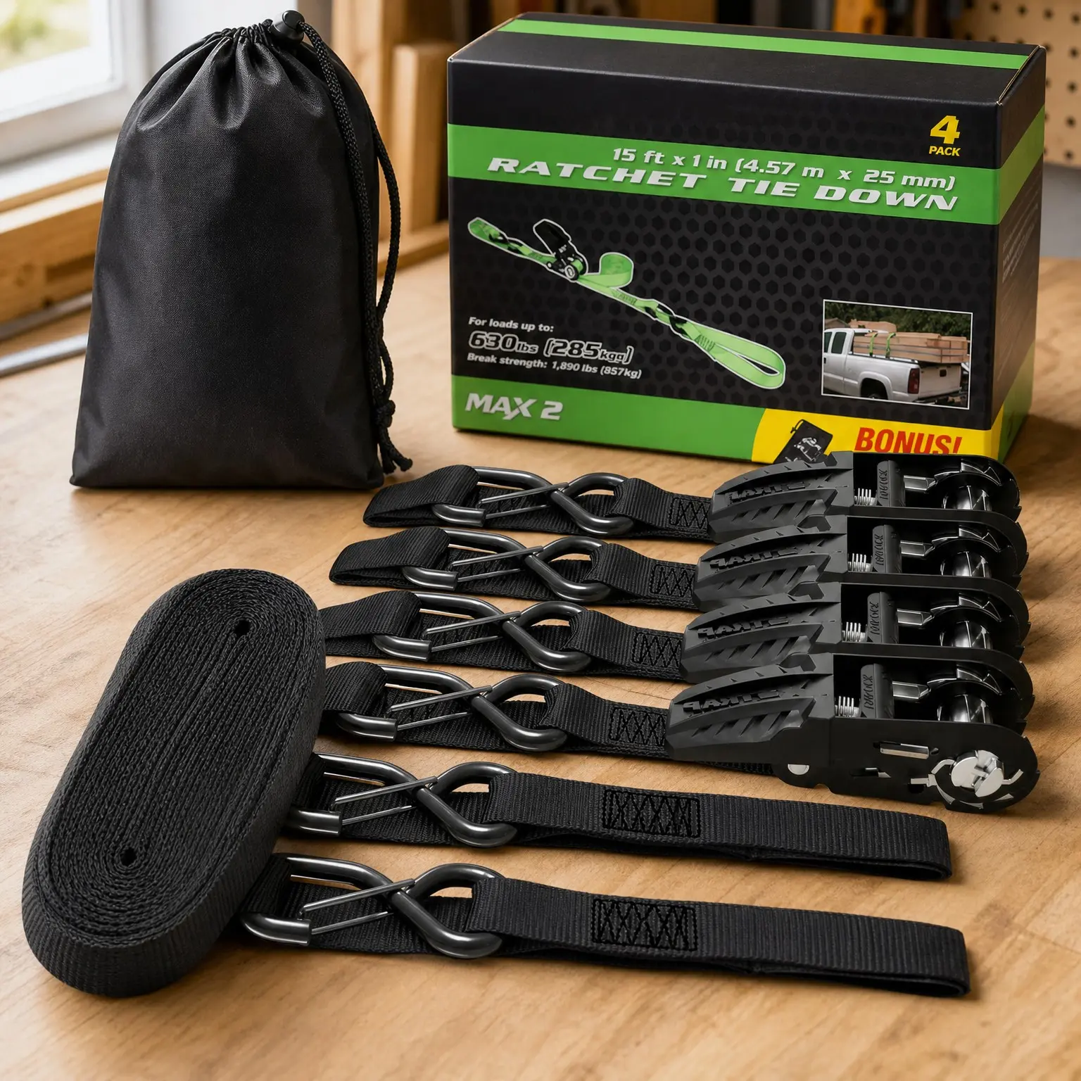 Ratchet Tie Down Straps 4PK with Integrated Soft Loops - 1890 lbs Break Strength, Black Cargo Straps with Padded Handles & Coated Safety Clips for Motorcycle, Truck, ATV, Moving, AppliancesGift