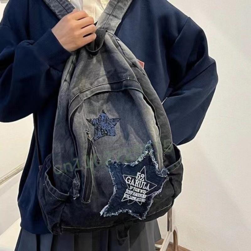 Y2K Korean Casual Denim Backpack Fashion Star Pattern Large Capacity Student Schoolbag Teenagers Vintage Punk Travel Book Bag Y2K Korean Casual Denim Backpack Fashion Star Pattern Large Capacity Student Schoolbag Teenagers Vintage Punk Travel Book Bag