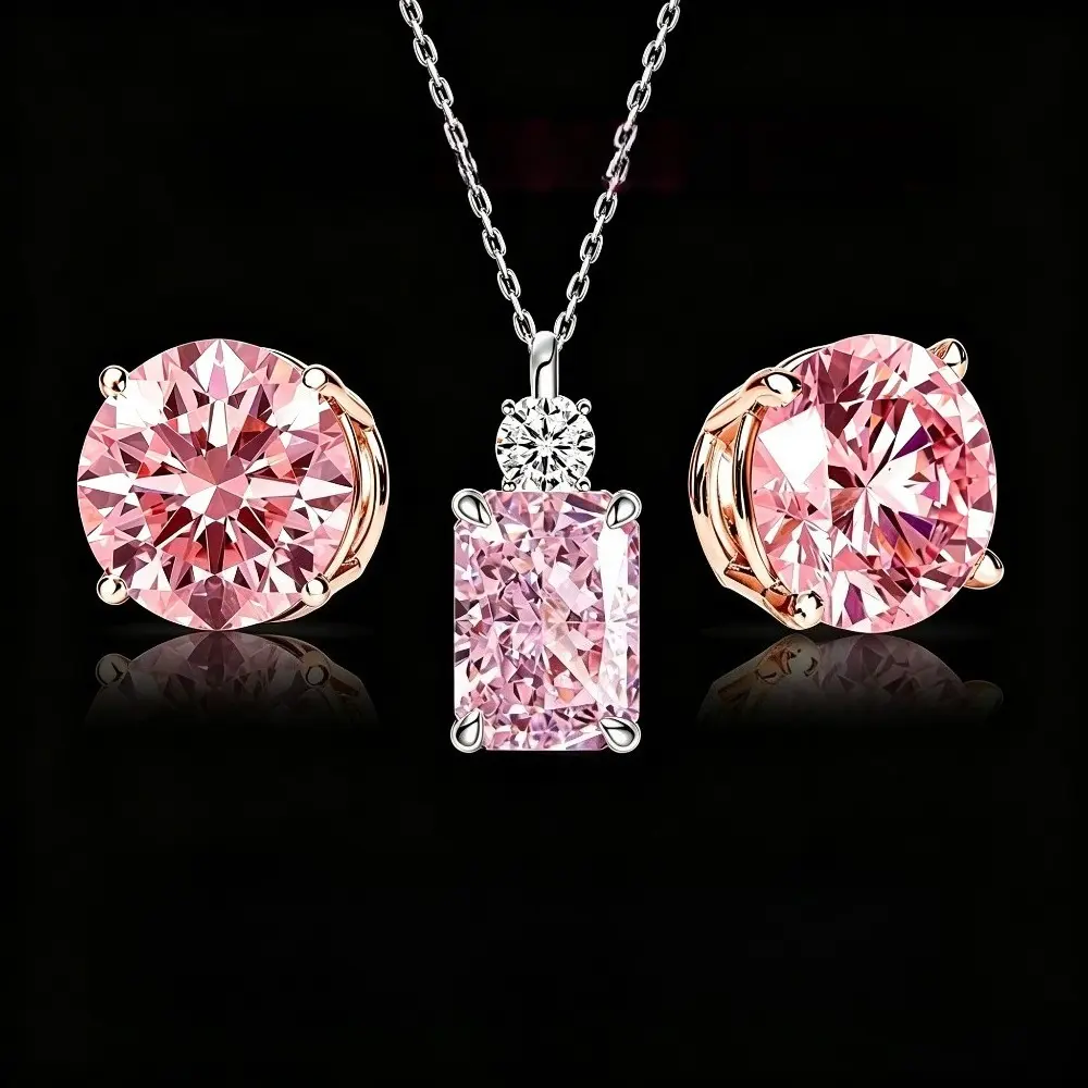 Women's 2-Piece Costume Jewelry Set, Cherry Blossom Pink Synthetic Opal Rose Gold Ice-Cut Necklace & Earrings, 1ct Each 4-Prong Design, Ideal Gift for Valentine's Day, Thanksgiving
